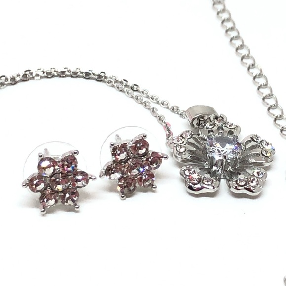 Silver Flower Earrings/Necklace CZ Set - Picture 10 of 11